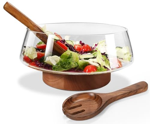 Airsent Extra Large Glass Salad Bowl Set, 5-Qt (160 fl oz) Mixing/Serving Bowl with Wood Base & Salad Servers, Trifle Bowl for Kitchen, Parties & Christmas