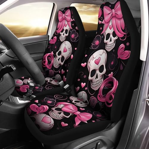 2Er Set Schonbezüge Autositz, Totenkopf Pink Love Fliege Schwarzes Muster Auto Sitzbezüge Verschleißfester Sitzbezug Wasserfester Schonbezug