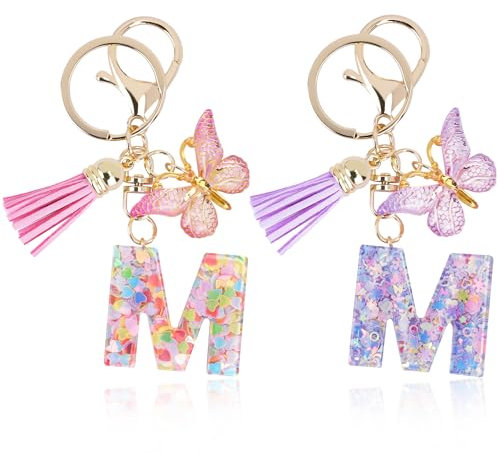 Mulaibdin 2 Pièces Porte Clef Personnalisable, Porte Clef Femme Original Chic, Porte Clef Lettre Simple, Idee Cadeau pour Femme Maman, Papillon Porte Clés Initial pour Voiture,Moto,Sac (M)
