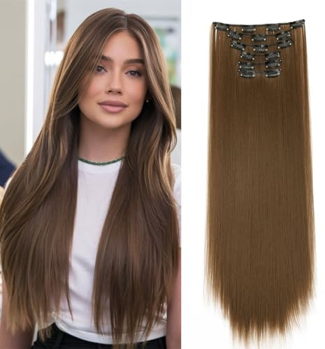 Cybelleza Clip in Extensions wie Echthaar Haarverlängerung Haarteil Glatt 6 Teile 65cm Hair Extensions Clip in Haarteil Lang Gerade Günstig Haarverdichtung Synthetische für Frauen, Hellbraun