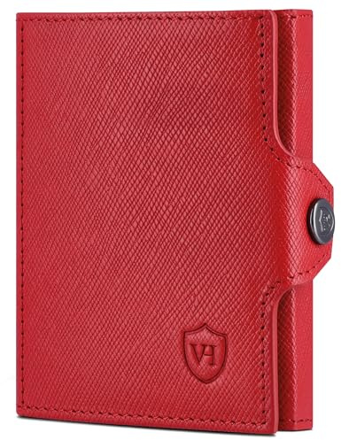 VON HEESEN Slim Wallet mit Münzfach & RFID-Schutz - Mini Geldbörse Herren & Damen - Kartenetui Kreditkartenetui - Portmonee Geldbeutel Portemonnaie klein Rot Saffiano
