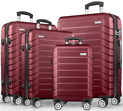 tillvex® Reisekoffer Set 4-TLG. + Gepäckwaage, 8X Koffergurte & 4X Kofferanhänger | Kofferset 4 Rollen | Trolley Gepäck Koffer TSA Schloss | Rollkoffer Hartschalenkofferset S-M-L-XL (Rot)