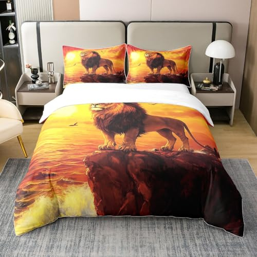 Homemissing Löwe Baumwolle Bettwäsche Set 135x200cm Kinder Safari Drucken Betten für Kinder Jungen Mädchen Wildtier Stil Sonnenuntergang Bettbezug Dschungel Thema Bettwäsche-Set 3D Wildtier Betten