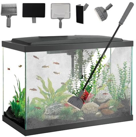 Set di attrezzi per la pulizia dell'acquario, 5 in 1, detergente per acquari con pennello piatto + pennello angolare + raschietto per alghe + rastrello per ghiaia + rete da pesca, set di pulizia per