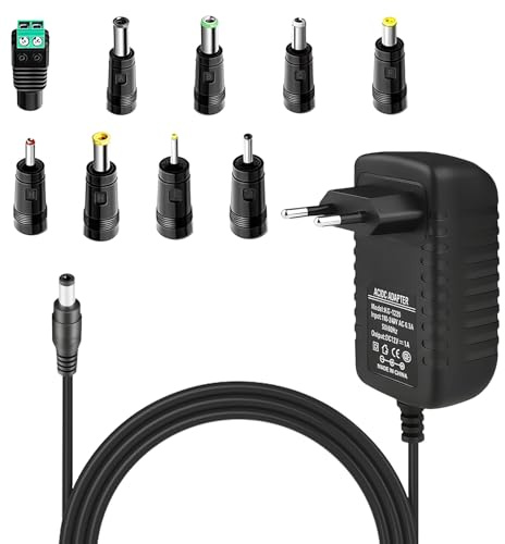 QEAS 12V 1A Cargador Universal, Alimentador 12V, 12W Adaptador de Corriente, Fuente de Alimentación Universal con 10 Adaptadores de Enchufe, Conector DC 5.5mm x 2.1mm para Electrónica