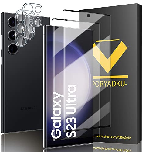 Protector de Pantalla para Samsung Galaxy S23 Ultra 5G, Película de Vidrio Templado 2 Piezas+ Protector de Lente de Cámara 2 Piezas, HD Clara, Sin Burbujas, 9H Dureza, Antihuellas