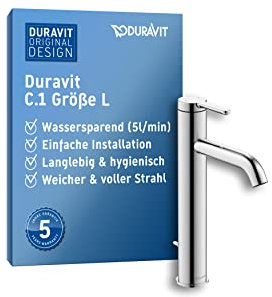 Duravit C.1 Waschtischarmatur, Größe L (Auslauf Höhe 173 mm), Wasserhahn Bad mit Zugstangen-Ablaufgarnitur, Waschbecken Armatur mit Keramikkartusche, Chrom