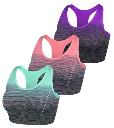 Sykooria Damen Sport BH Gepolstert Bustier Damen BH ohne Buegel Racerback Push up BH mit Farbverlauf Sport Top für Yoga Fitness, 3 PCS, Grün+violett+pink, XL