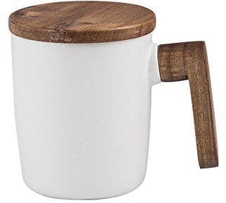 Taza de cerámica de cerámica con tapa y asa de madera, taza de café, taza de café simple, taza de leche de porcelana, taza de regalo, 300 ml (blanco)