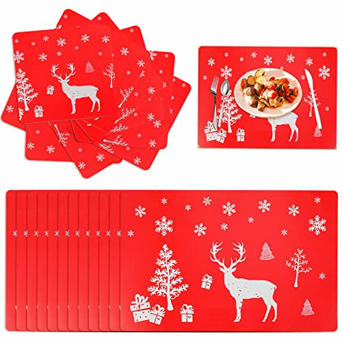 Pwsap 24PCS Christmas PVC Placemats Coasters Set, Washable Heat Resistant Reindeer Xmas Heat Resistant Placemats for Dining Table Decoration
