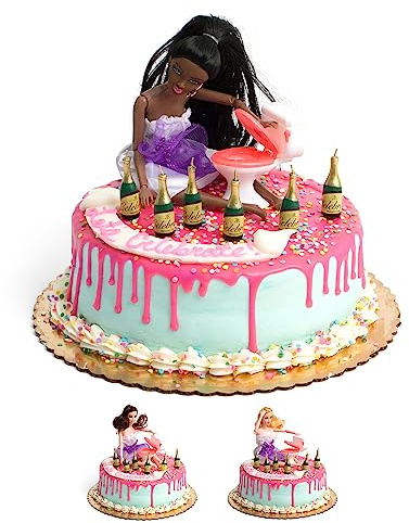 Drunk Doll Cake Topper | Funny Decoration Kit for Celebrating a Bachelorette Party or any Birthday 21 and Up (8 Piece Set)(Not Edible)(African American)