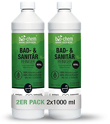 bio-chem Bad- und Sanitärreiniger - 2x 1000 ml Nachfüllflasche - Badreiniger Spray, WC-Reiniger, Kalkentferner mit Lotuseffekt, Kalkreiniger für Bad, Dusche, WC, Spülbecken u.v.m.