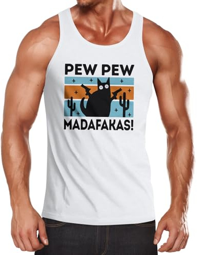 MoonWorks® Herren Tanktop Pew Pew Madafakas Katze Cat Crazy verrückt lustig Muscle Shirt Achselshirt Weiss L