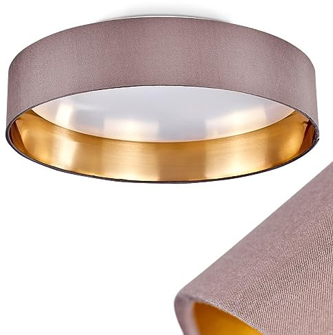 LED Deckenleuchte Elsa, runde Zimmerlampe aus Metall/Stoff in grau, weiß und goldfarben, 1-flammige Deckenlampe mit Stoffschirm, 1 LED 24 Watt, 3000 Kelvin (Warmweiß), 2100 Lumen