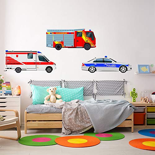 Pixblick Hochwertige Wandtattoos I Feuerwehr, Krankenwagen und Polizeiauto I Selbstklebend