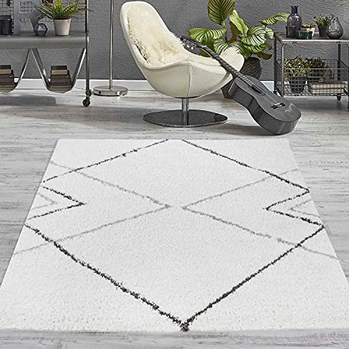 VIMODA Hochflor Shaggy Teppich Rauten Muster Design Wohnzimmer Creme Grau Anthrazit, Maße:80x150 cm