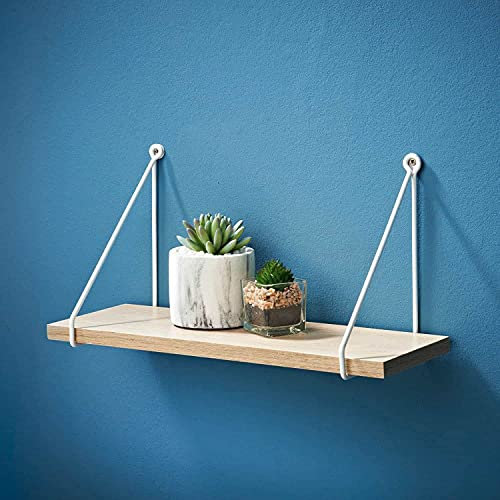 spot on dealz® Floating industrial wall 40 cm length Oak wooden hanging Shelves small with White metal wire Living room furniture