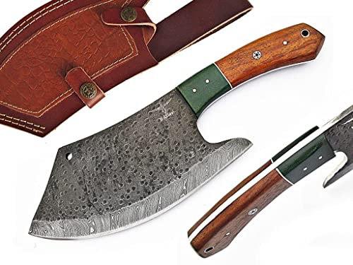 HotSteel Hackmesser aus Damaststahl Damastmesser Küchenbeil 180 Lagen Damaststahl, mit Lederscheide