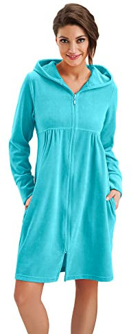 DOROTA kuscheliger und moderner Damen Bademantel, mit Reißverschluss, Kapuze & Taschen, made in EU, türkis, Gr. XXL