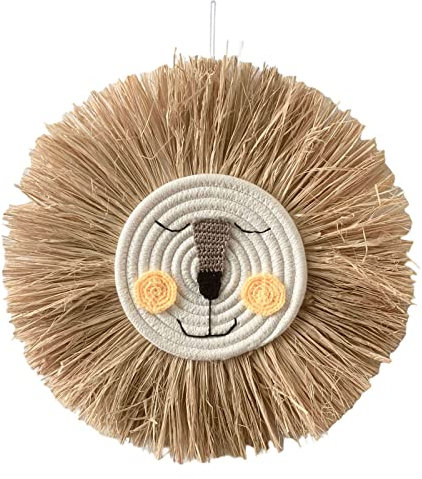MagiDeal Decoración Colgante de Pared de Paja Redonda, Colgante de Cabeza de Animal, Tapiz de Hilo de algodón, León Tigre para Dormitorio, habitación de niños, a