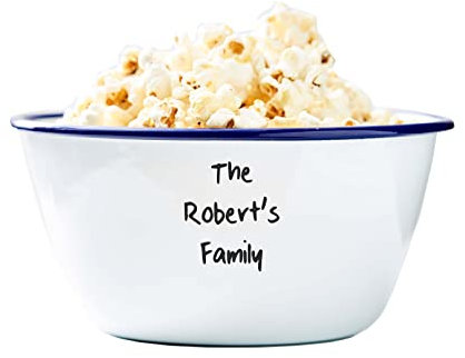Personalised Family Enamel Popcorn Bowl/Personalised Family Gift/Family Serving Bowl (Large Bowl, Blue Rim)