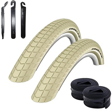 2 x Schwalbe Big Ben Fahrradreifen Fahrradmantel mit Reflex in Creme 55-559 (26 x 2.15) + 2 Schwalbe Schläuche DV13 inkl. 3 Reifenheber