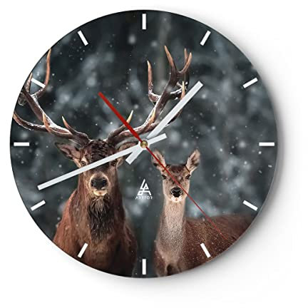 Modern Wanduhr Hirsch Rentier REH 40x40cm Rund Groß Wand Uhr Glas Analog Zimmeruhren Küche Büro Wohnzimmer Glasuhr Wall Clock Dekoration Design Wanddekoration Küchenuhr C3AR40x40-5060
