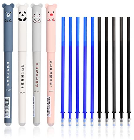 Kioiner Radierbarer Kugelschreiber, 4 Stück Gelstifte Radierbar mit 10 Nachfüllungen, 0.35mm Löschbarer Gelstift für Studenten Geschenk, Schul Bürobedarf (Schwarze, Blaue)