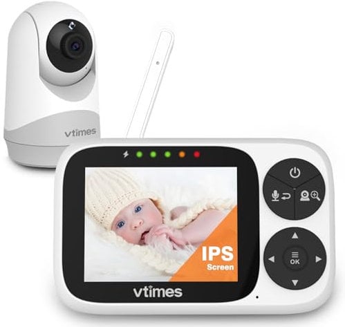 VTimes Monitor de bebé con cámara y audio, visualización IPS de 3.2 pulgadas, monitor de video para bebé, sin visión nocturna WiFi, cámara portátil para bebé, modo VOX, alarma panorámica y alcance de