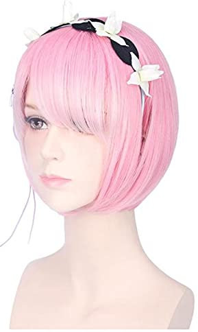35Cm Ram Rem Cosplay Wigs Short Heat Resistant Bob Hair Re Zero Kara Hajimeru Isekai Seikatsu With Adornment Pink