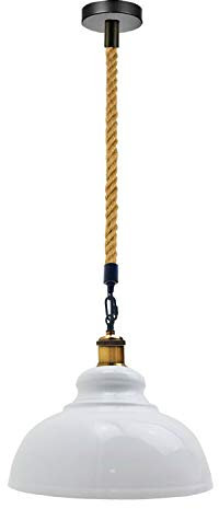 DC Voltage Ceiling Pendant Light 100cm Adjustable Hemp Covered Hanging Cable E27 Base 29cm Metal Curvy Dome White Shade Easy Fit Retro Lighting Indoor Lamp for Kitchen Island Living Room