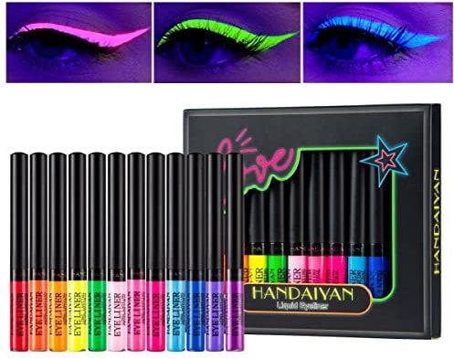 KARLOR UV Neon Eyeliner Set, 12 Farben fluoreszierend Glow Eyeliner, leuchtend Schwarzlicht, bunt flüssig Wasserfest Wischfest langlebig EyelinerAugen Gesicht Make-up Eyeliner