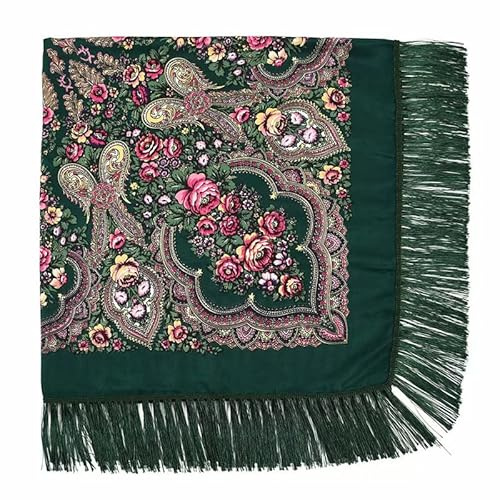AUDME Übergroßer Damen-Schal, Schal, Wickeltuch, russischer Babushka, traditioneller Retro-Ukraine-Stil, bedruckte Quasten, quadratische Schals (129,5 x 129,5 cm), 7