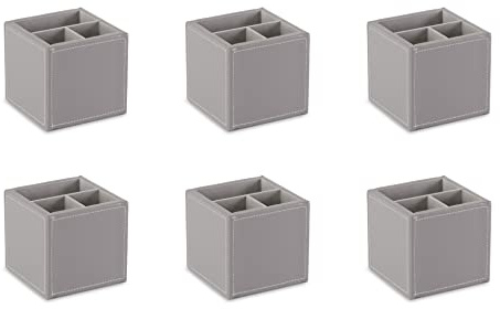 Osco Faux Leather Pen Pot, 3-Section Square Desk Tidy & Pencil Holder, Office Organiser & Makeup Brush Storage, Wipe-Clean Leather Finish, 10×10×10 cm, 6-Pack, Grey