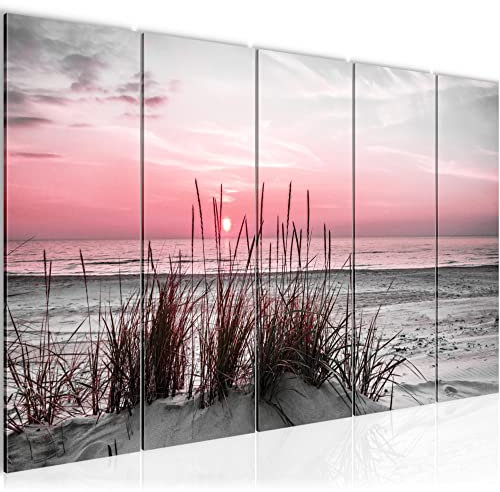 Runa Art Tableau Mural XXL Plage Coucher de Soleil 200 x 80 cm Gris Rose 5 Parties - 043755b