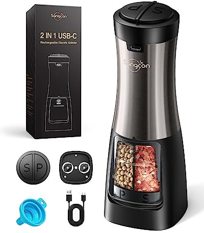 Sangcon 2 in 1 Electric Salt and Pepper Grinder Set Rechargeable Shakers USB-C, Automatic Salt and Pepper Grinder Mill Set Dual in One, Refillable Adjustable Coarseness Ceramic Grinder with Light