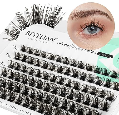 BEYELIAN Faux Cils Individuel 72 Pcs D+ Curl 10-16mm Extension de Cils DIY Cluster Lashes Réutilisables Bande noire pour usage personnel à la maison (Sparkling)