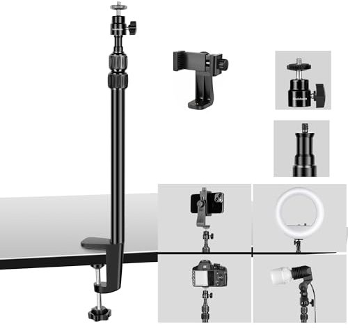 Koolehaoda Supporto da Tavolo per Fotocamera con Testa a Sfera da 1/4, 37-80cm Supporto Luce Regolabile Desk Mount Supporto da Tavolo per Fotocamera DSLR, Luce ad Anello, Streaming Live