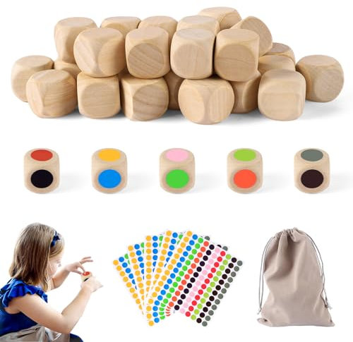 RICKMASK 30PCS Holzwürfel,Holzwürfel Blanko,DIY Leere Würfel,20mm Holzwürfelmit Säckchen mit Kordelzug Farbe Punktaufkleber,Unbemalte Holzwürfel für Dekorationen und Bastelprojekte