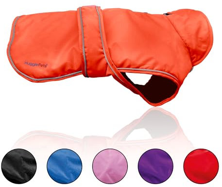 Hugglepets Arctic Armour Waterproof Thermal Dog Coat - Orange (Small 35cm) Reflective Microfleece-Lined Coat for Small Dogs with Adjustable Hook & Loop Fastening & Zipper for Harness or Collar.