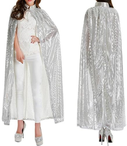 UNbit Damen Herren Karneval Halloween Kapuzenumhang HalloweenKostüm Lange Pailletten Kostüm Cosplay Requisiten Set für Erwachsene und Kinder, Silber