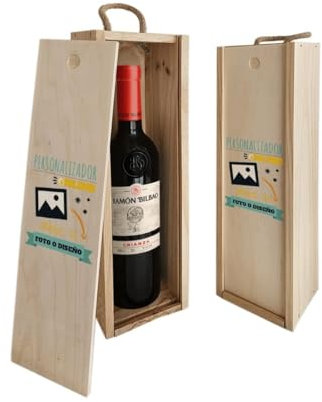 DEREGALOOS Caja vino personalizada con fotos y texto Regalo original personalizado para cualquier ocasión Caja de madera con tapa corredera y asa superior Con o sin botella de vino (Solo caja)