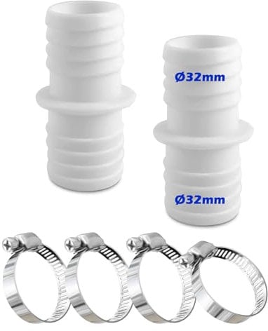 Schlauchverbinder 32mm Set mit 4 Stück Edelstahl Schlauchschellen, Weiß Poolschlauch Adapter-Schlauchadapter-Doppelschlauchtülle(2pcs)