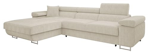 Mirjan24 Ecksofa Torezio Mini Cord mit Bettkasten, Einstellbare Kopfstützen, Bequeme Polsterung, Eckcouch mit Schlaffunktion für Wohnzimmer, L-Form Couch (Poso 100, Seite: Links)