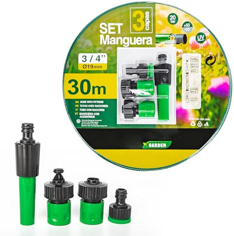 Manguera de Agua de Jardín 3/4 Pulgadas(19mm) 30m - Set Manguera con Conexión y Boquillas para Riego Reforzada 3 Capas -Presión de rotura de 20 bar