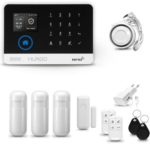 HUXGO® HXA003 Alarmanlage Haus WiFi + GSM 4G mit Sirene | Tuya Smartlife App | Alarm System mit Drahtloser Fenstersensor, 3X Bewegungsmelder | Alarmanlage für Wohnung, Garage