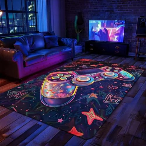 Gaming Rug Extra Large Rugs Living Room Kids Boys Neon Dazzling Graffiti Gamepad Cyber Video Game Controller Starry Sky Non-slip Mat for Bedroom Kitchen Fluffy Machine Washable Rug (Pink,120x160cm)