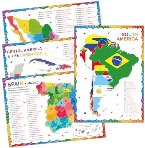 gisgfim 45,7 x 30,5 cm spanische Poster, spanische Länderkarten, einschließlich Spanien, Mexiko, Mittelamerika, Karibik, Südamerika, Spanisch, Klassenzimmer-Dekorationen für Studenten, Lehrer, Zubehör