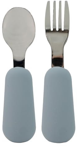 BABYZOCO Cubiertos bebe silicona y acero Inoxidable, cubiertos de iniciación, Set de cuchara y tenedor ergonómicos bebe, Cubiertos aprendizaje bebés, Desde 2 años, Diseño moderno, Azul