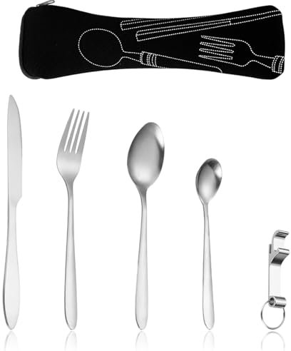 Campingbesteck, 5 Stück Campingbesteck aus Edelstahl einschließlich Bestecktasche, Messer, Gabel, 2 Löffel, Flaschenöffner, Gabel Outdoor Reisebesteck Set für 1 Person, Reise Camping Picknick (Schwarz